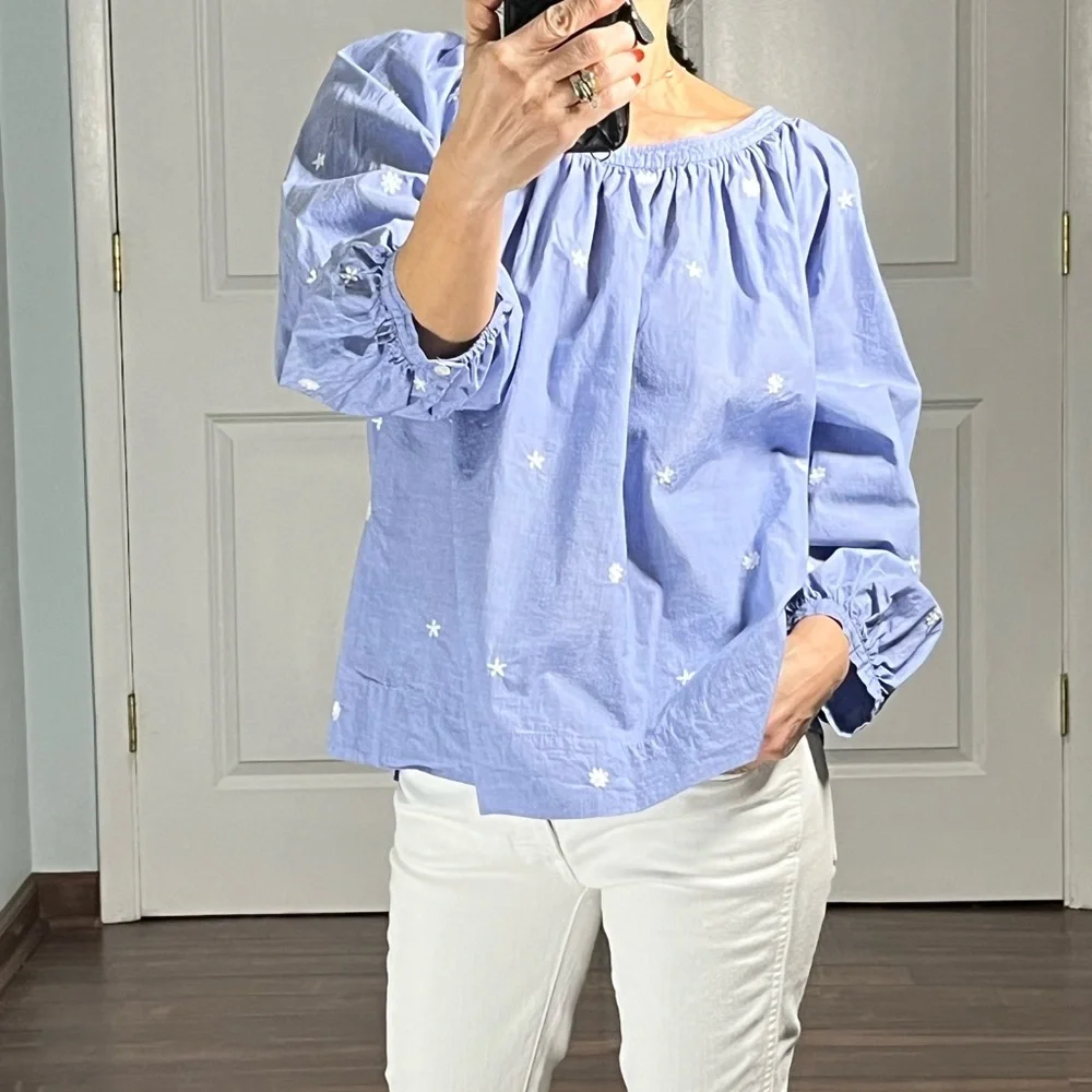 J. Crew The Perfect Embroidered Chambray Top Puff Sleeves blouse size M